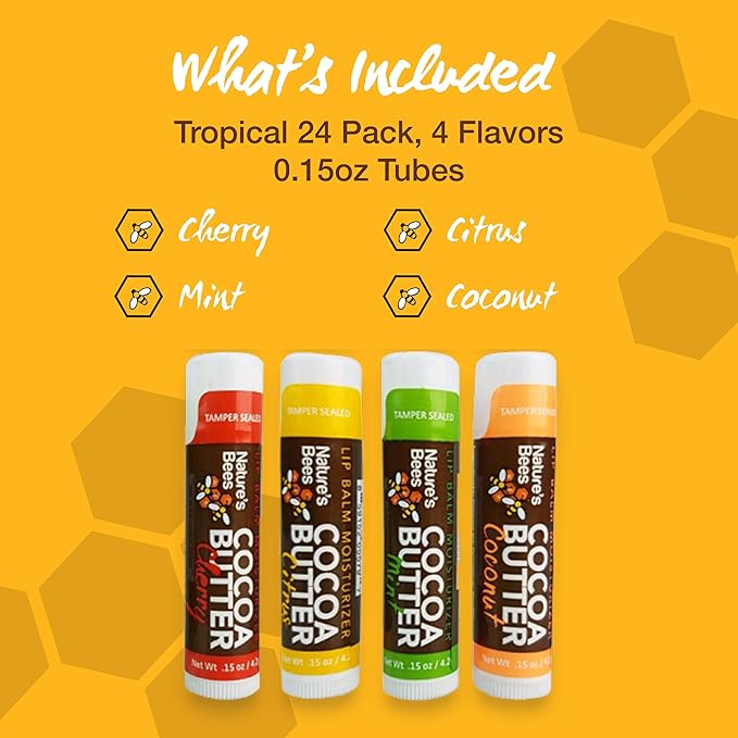 Nature's Bees Cocoa Butter Lip Balm, Lip Care for Dry Lips, Coconut Oil, Beeswax, Vitamin E, Aloe, & Shea Butter, 0.15 oz Each, 4 Flavors, Citrus, Coconut, Cherry, & Mint, 24 Pack - Packaging May Vary