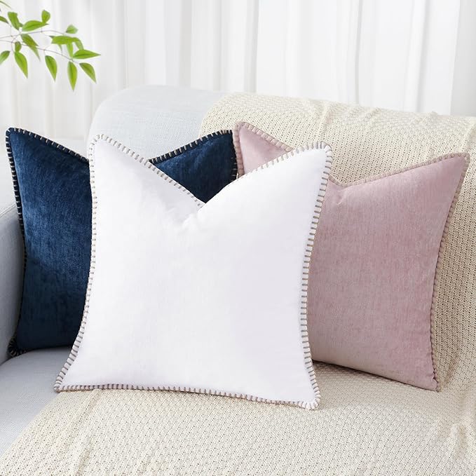 decorUhome Spring Chenille Soft Cozy Throw Pillow Covers 12x20 Set of 2, Modern Farmhouse Boho Velvet Decorative Pillow Cases with Stitched Edge for Couch Sofa Bed Home Decor, White