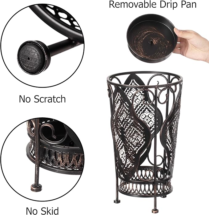 Dualplex Umbrella Holder Umbrella Stand Rack Super Quality Metal Entry Hallway Décor w/Removable Drip Tray for Home Office Holds Umbrellas Canes Walking Sticks Best Gift 16" Tall (Round, Antique)