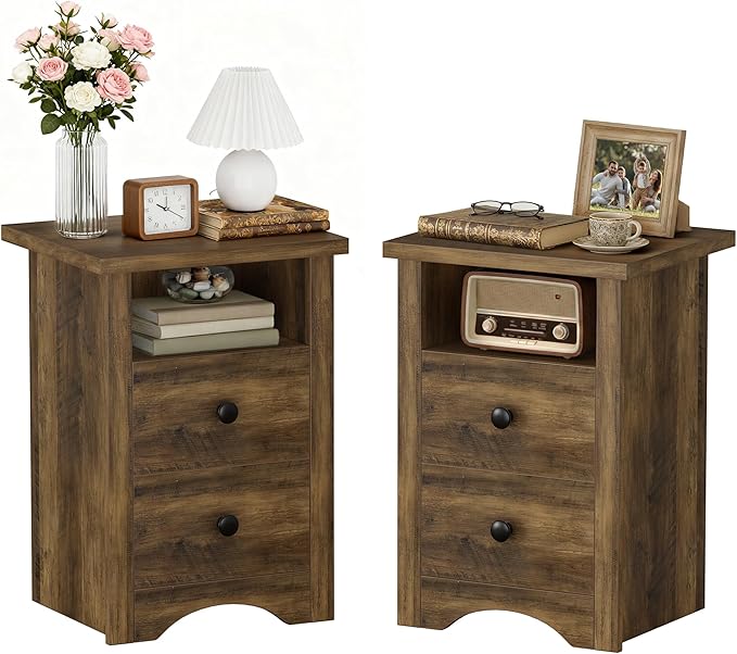 JUMMICO Farmhouse Nightstands, End Table with 2 Storage Drawers and Open Shelf, Rustic Bedside Table for Bedroom, Living Room(2, Warm Amber)