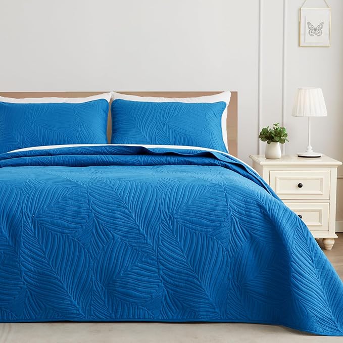 Exclusivo Mezcla Twin Quilt Bedding Set, Lightweight Royal Blue Quilts Twin Size for All Seasons, Soft Microfiber Bedspreads Coverlets Bed Cover with Leaf Pattern, 2 Piece