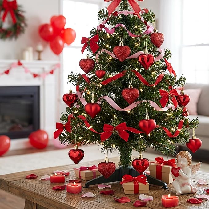 60pcs Valentine's Day Heart Ornaments - Valentine's Mother's Day Heart Baubles Shaped Hanging Ornaments Decoration for Valentine Tree Wedding Anniversary Party (Red)