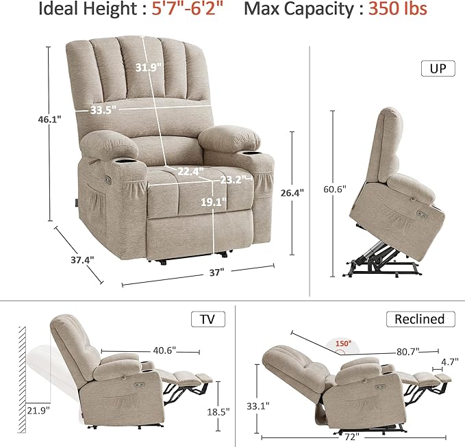 MCombo Large Power Lift Recliner Chair for Elderly, Lift Chair with Heat and Massage, 3 Positions, USB Charge Ports, Cup Holders, Fabric 7099 (Large, Beige)