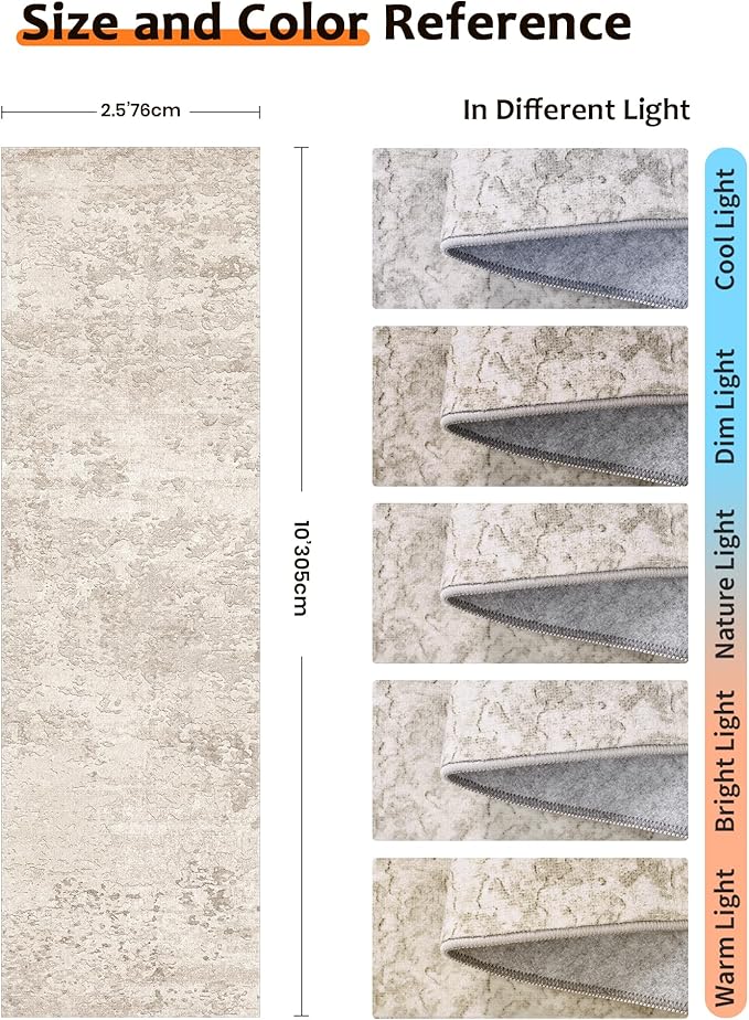 Art&Tuft Non-Slip Runner Rug - 2.5x10 Runner Rug Washable Low-Pile Rugs Runners, Soft Distressed Carpet Runner for Bedroom Bathroom Kitchen Laundry Living Room, Beige