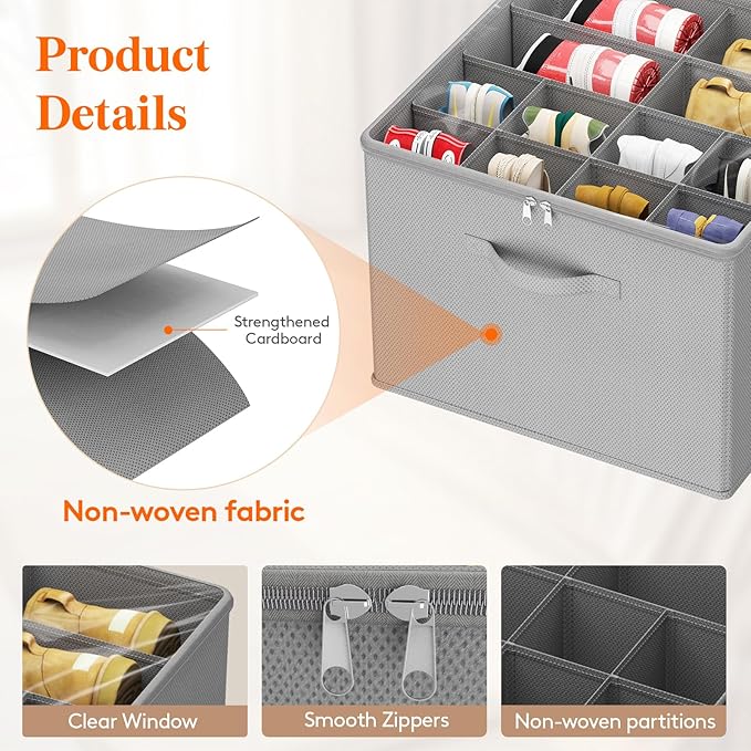 Lifewit Shoe Storage Organizer for Closet, Fabric Large Shoe Box Storage Containers with Clear Cover, Foldable Bins for Boots Heels Sneakers Fits 36-48 Pairs (Each 12-16 Pairs) 3 Pack Light Gray
