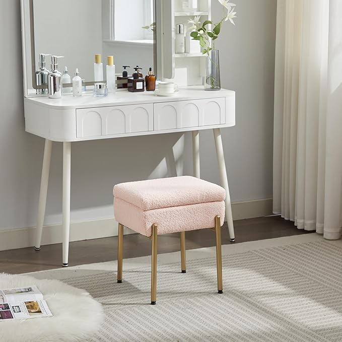 Vanity Stool Chair, Small Ottoman Stool with Storage, Makeup Vanity Chair with Anti-Slip Feet, Footstool Ottoman with Metal Legs, Storage Chairs for Makeup Room, Bedroom, Living Room (Pink)
