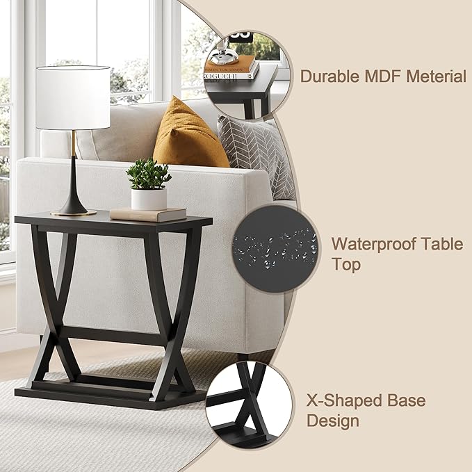 ChooChoo Black End Table, Narrow Side Table with Storage Shelf, Modern X-Design Slim Bedside Tables for Living Room, Bedroom, Small Spaces