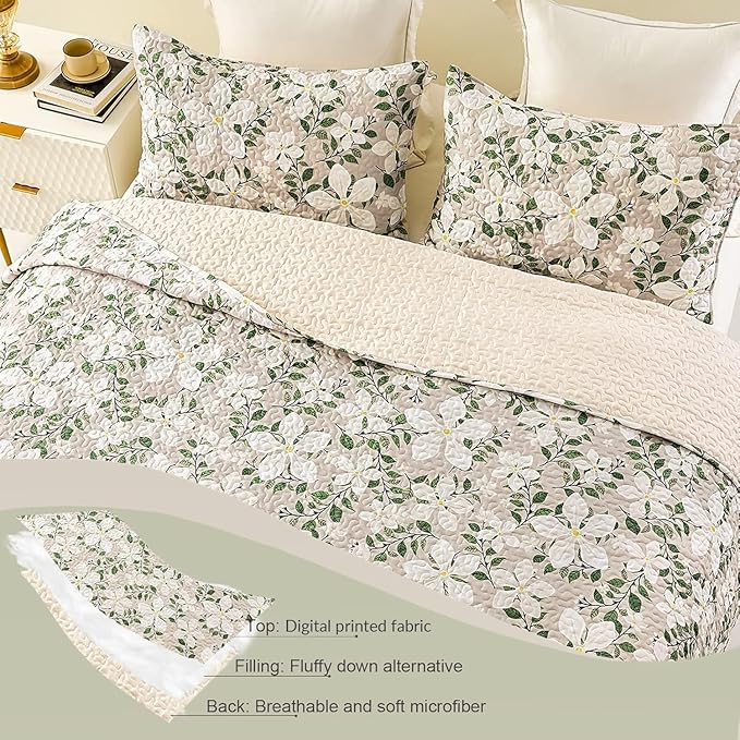 Whale Flotilla Reversible Printed Quilt King Size, Extra Soft Boho Floral Leaf Bedspreads for Bed Lightweight King Quilt Bedding Set Coverlets with 2 Pillow Shams for All Seasons, White Bone