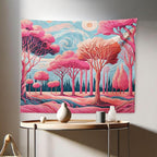 Ambesonne Trees Tapestry, Surreal Post-Impressionism Themed Woodland of Dreamy Sky and Tree Pattern, Fabric Wall Hanging Decor for Bedroom Living Room Dorm, 28" X 23", Pink Coral Blue Grey