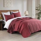 HORIMOTE HOME Burgundy Red Queen Size Quilt Set - Soft Microfiber Bedspread with 2 Shams, Lightweight & All-Season Geometric Coverlet for Cozy Bedding