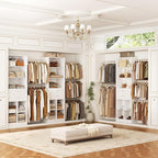 Closet System, 4-8 FT Closet Organizer Tower with 2 Wooden Drawers and 5 Hanging Rods, Can Fit 60 to 96 inch Walk-in Closet System, White