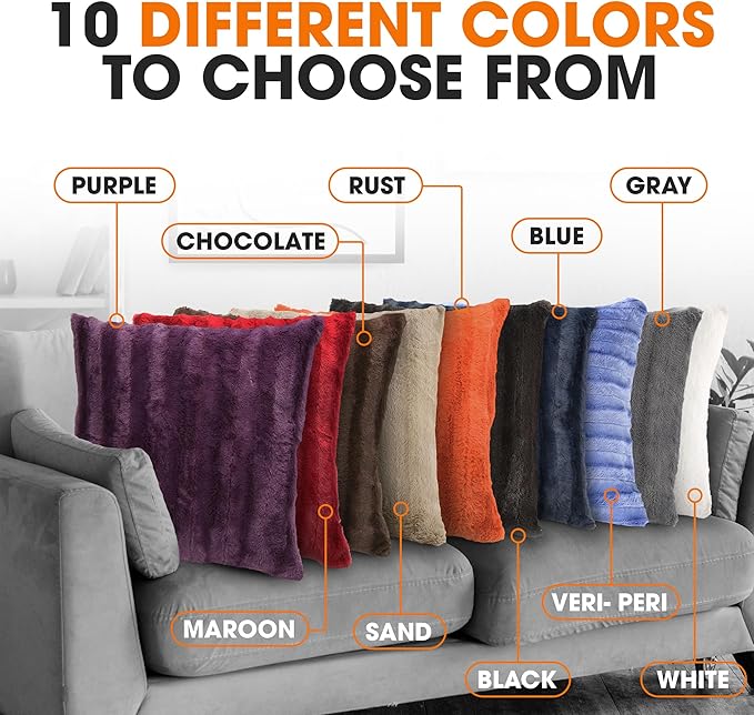 Cheer Collection Faux Fur Throw Pillows - Decorative Pillows for Couch, Bed Throw Pillows, Purple Accent Pillows for Bedroom or Living Room Aesthetic, Set of 2 Furry Throw Pillows, 18”x18”