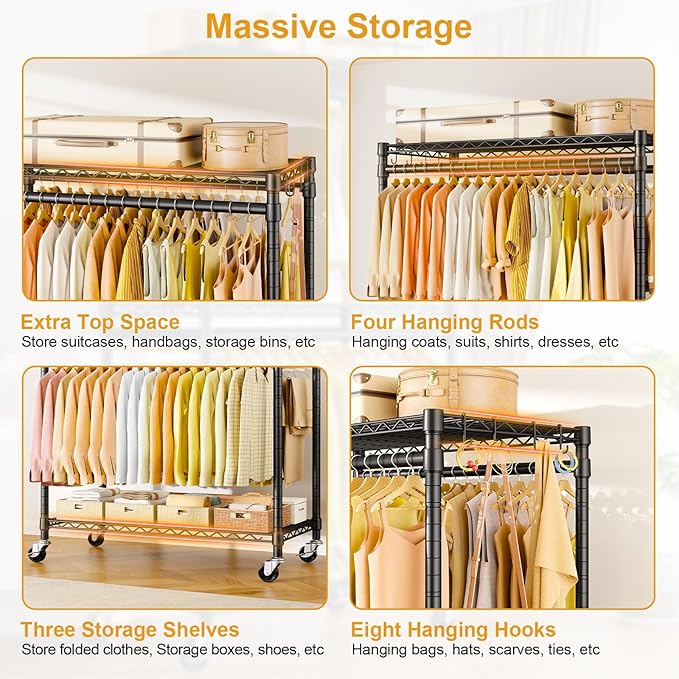 P5 Plus Rolling Clothes Rack Heavy Duty, Clothing Racks for Hanging Clothes, Metal Garment Rack with Wheels, 3-Tier Portable Closet Rack 45'' W × 20.5'' D × 80.5'' H, Max Load 660 Lbs, Black