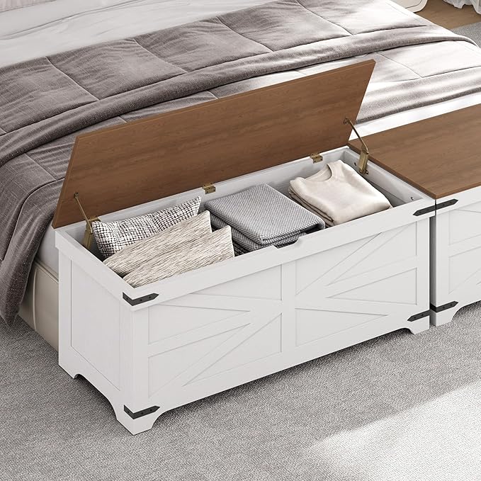 Large Toy Chest, 47.2" Wooden Toy Box with 2 Safety Hinges, Farmhouse Style Storage Bench, Blanket Storage Chest for Living Room, Entryway, Bedroom, White+Walnut SCBZ18601