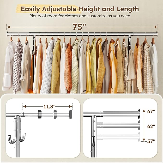 Raybee 75" W Heavy Duty Clothes Rack, 450 LBS Clothing Rack with Lockable Wheels, Sturdy Clothing Racks for Hanging Clothes, Extendable Garment Rack for Bedroom, Laundry Room, Commercial