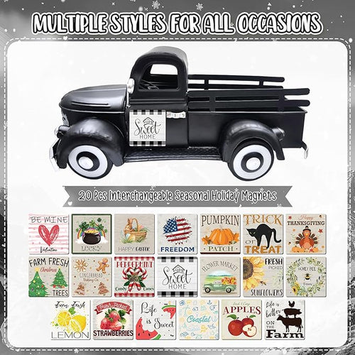 13.4 Inch Farmhouse Vintage Truck Decor with 20 Magnets Rustic Home Sweet Home Table Centerpieces Interchangeable Seasonal Holiday Decor Large Metal Pickup Truck Spring Garden Planter, Black