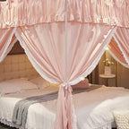 Ruffle Lace up 4 Corners Post Princess Curtain Bed Canopy Cozy Breathable Mosquito Net Cloth for Girls Adults Bedroom Decoration (Pink, 64" W*82" L*82" H/Queen)