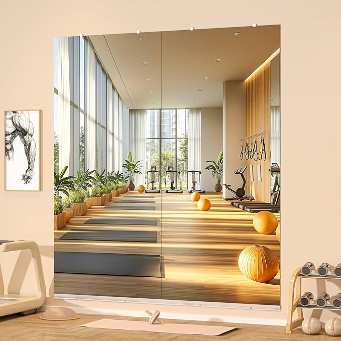 Hasipu Home Gym Mirror, 95"x40" Each, 1-Pack Frameless Wall Mounted Mirrors with Glass Clamps & 1 Aluminum Rail, Large Body Mirror for Home Gym, Yoga Studio, Bedroom, Silver Tempered Glass
