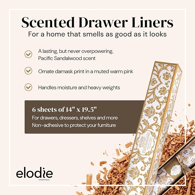 Scented Drawer Liner Sheets - 14" x 19.5" (Royal Damask) Pacific Sandalwood Non-Adhesive Paper Liners & Shelf Paper for Dressers, Cabinets & Bathroom Drawers, Birthday Present Idea