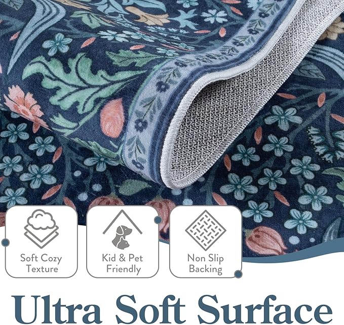 Moynesa Floral Washable 8x10 Rug, Large Area Rugs for Living Room, Soft 8 x 10 Boho Bedroom Rugs, Non Slip Botanical Ultra Thin Floor Carpet for Dining Room Nursery, Blue