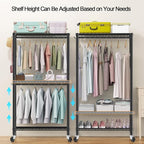 Heavy Duty Clothes Rack with Wheels, 43"W x 18"D x 81"H Rolling Garment Rack, 800 lb Capacity, 3-Tier Adjustable Shelves, Double Hanging Rods, 6 Hooks, Portable Closet Organizer, Tool-Free Assembly