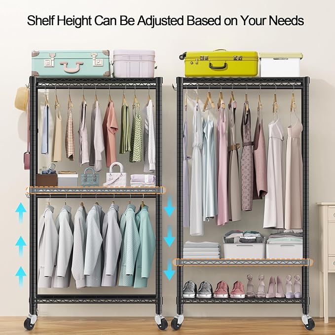 Heavy Duty Clothes Rack with Wheels, 43"W x 18"D x 81"H Rolling Garment Rack, 800 lb Capacity, 3-Tier Adjustable Shelves, Double Hanging Rods, 6 Hooks, Portable Closet Organizer, Tool-Free Assembly