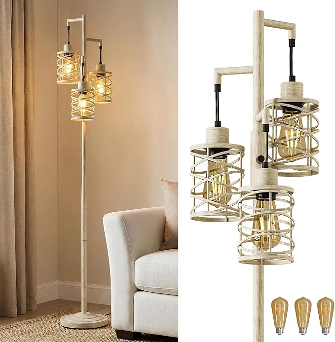 Oneach 70" Industrial Floor Lamp, Stepless Dimmable Standing Lamp with 3 Bulbs, Farmhouse Corner Standing Tree Lamp for Living Room, Tall Lamps for Bedroom, Office, Dining Room, Antique Beige White