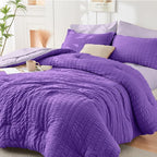HYMOKEGE Dark Purple/Lavender Full Size Comforter Sets Seersucker 7 Pieces, All Season Luxury Bed in a Bag for Bedroom, Bedding Set with Comforter, Sheets, Pillowcases & Shams