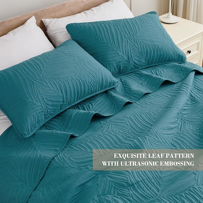 Exclusivo Mezcla Queen Quilt Bedding Set, Lightweight Teal Quilts Queen Full Size for All Seasons, Soft Microfiber Bedspreads Coverlets Bed Cover with Leaf Pattern, 3 Piece