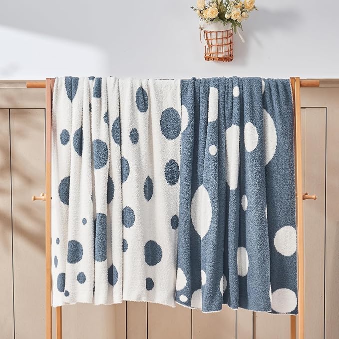 CozeCube Super Soft Fullfy Microfiber Reversible Knitted Blankets, Warm Cozy Fuzzy Plush Throw, Dusty Blue and White Polka Dot Throw Blanket for Couch Bed Sofa, 60" x 80"