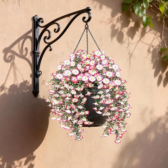 Artificial Hanging Flowers for Outdoors, 4 PCS UV Resistant Faux Plants Silk Realistic 150 Morning Glory Each Vines, Fake Plastic Floral for Garden Patio Spring Summer Decor, Pink