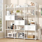 Semoic Triple Wide 6 Tiers Industrial Book shelf with 3 Drawers and Storage Shelves, 73.6" Tall Bookcase with 16 Open Display Shelves, Large Etagere Bookshelf with Metal Frame for Home & Office, White