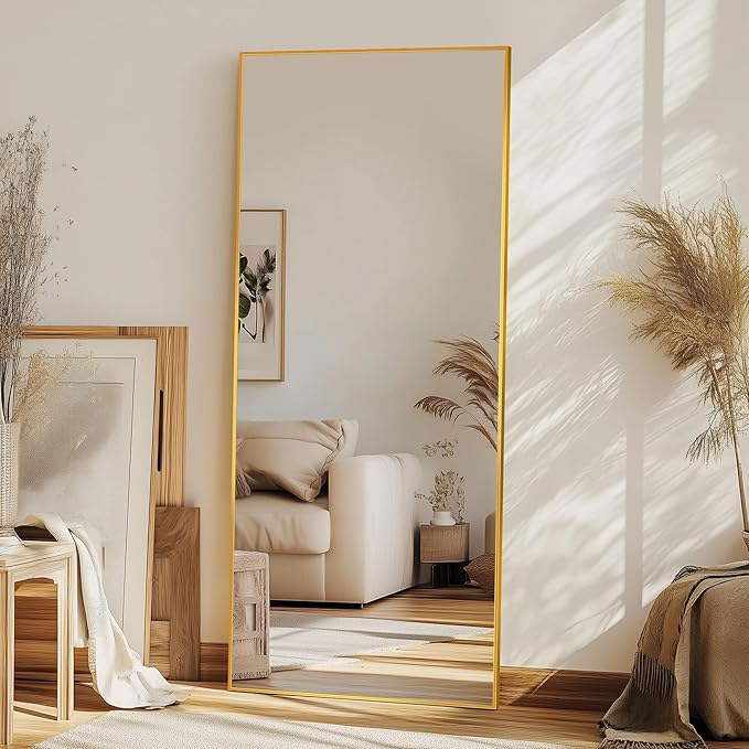 Full Length Mirror, 58"x18" Oversized Floor Mirror Freestanding, Full Body Mirror Floor Standing Mirrors with Stand, Hanging Mounted Mirrors for Bedroom Living Room, Gold, Rect Style