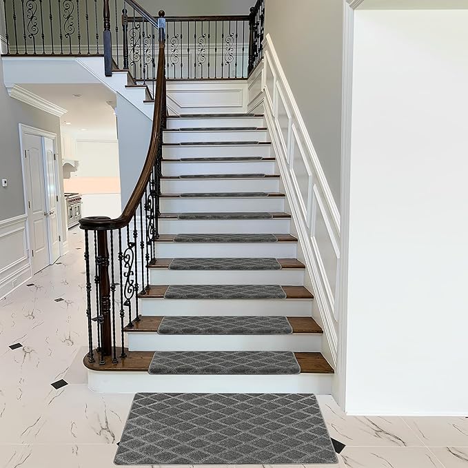 PURE ERA Bullnose Carpet Stair Treads Set Tape Free Non-Slip Indoor Stair Protectors Pet Friendly Rugs 9.5" x 30"(7 Pieces,Grey Diamond Trellis)