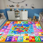 USA Map ABC Kid Rug for Playroom 110"×78.7"Geography Classroom Play Rug Educational Baby Playmat State Symbols, ABC Letters, Numbers, Seasons&Shapes Fluffy Ployester Non-Slip Preschool Nursery Rug