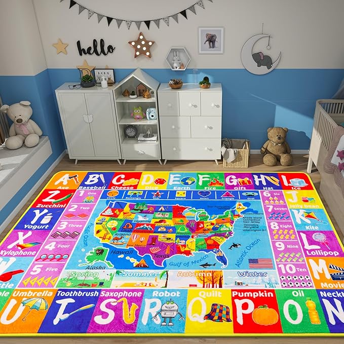 USA Map ABC Kid Rug for Playroom 110"×78.7"Geography Classroom Play Rug Educational Baby Playmat State Symbols, ABC Letters, Numbers, Seasons&Shapes Fluffy Ployester Non-Slip Preschool Nursery Rug