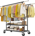 Raybee 74" W Heavy Duty Clothes Rack, Double Rods Clothing Rack Load 630 LBS, Rolling Clothes Racks for Hanging Clothes 400+, Garment Rack with shelves for Bedroom, Laundry Room, Retail Store