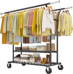 Raybee 74" W Heavy Duty Clothes Rack, Double Rods Clothing Rack Load 630 LBS, Rolling Clothes Racks for Hanging Clothes 400+, Garment Rack with shelves for Bedroom, Laundry Room, Retail Store