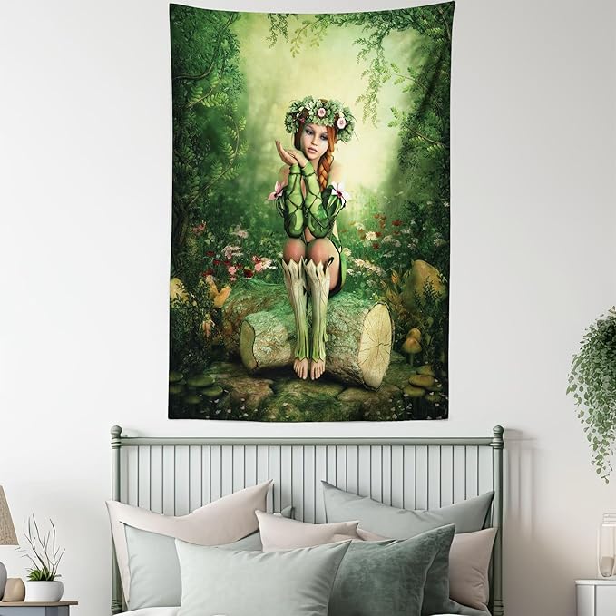 Ambesonne Tale Tapestry, Computer Art Elf Girl Wreath Her Head Sitting on a Tree Stump, Fabric Wall Hanging Decor for Bedroom Living Room Dorm, 23" X 28", Green Beige Pink