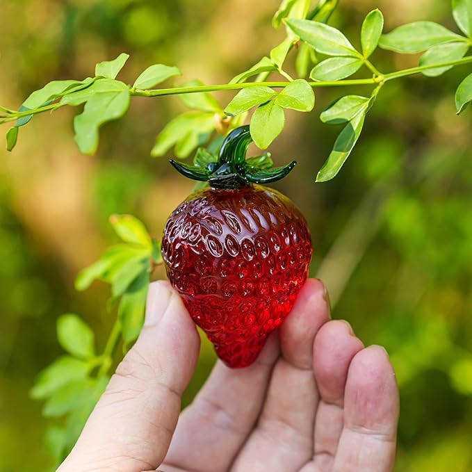 Glass Red Strawberry Figurine Crystal Fruit Collectibles Art Glass Fruits Decoration for Home Office Strawberry Kitchen Decor for Women