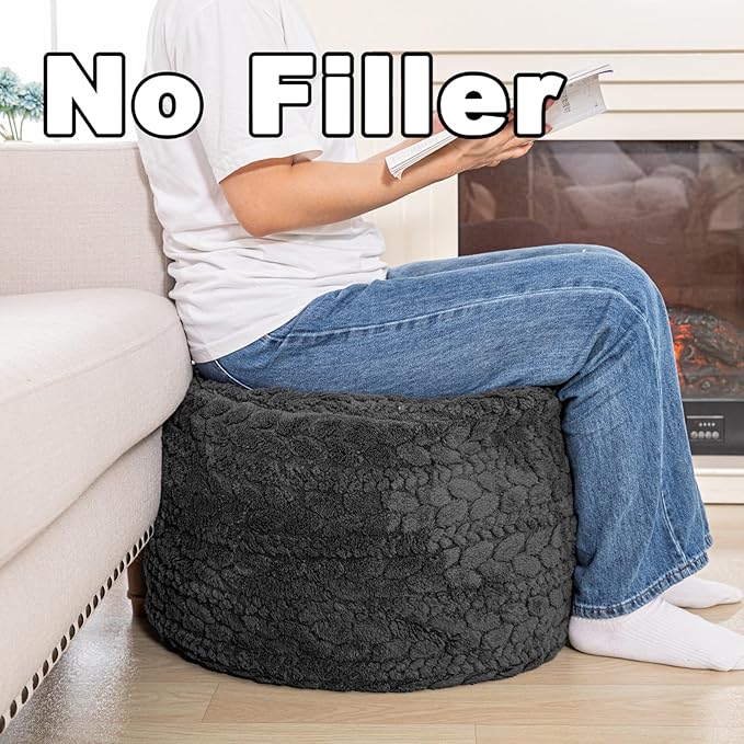 Unstuffed Ottoman Pouf Cover – Round Faux Fur Footstool Plush Floor Pouf (No Filler Included) Perfect for Living Room, Bedroom, or Office Lounge (Gray, 20x20x15 in)