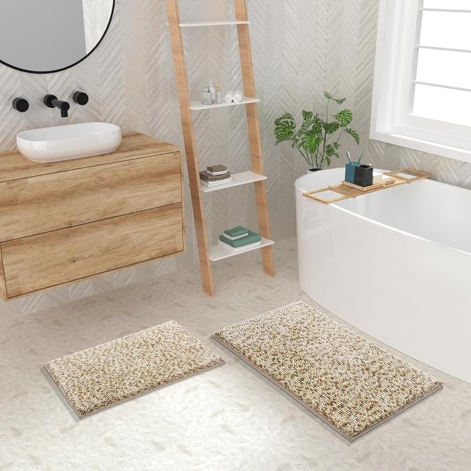 Yimobra Luxury Bathroom Rugs, 47x24, Extra Soft Chenille Mats for Bathroom Non Slip, Fluffy Long Matts for Tub, Plush Shaggy Carpet Runner, Water Absorbent, Machine Washable, Beige & Light Coffee