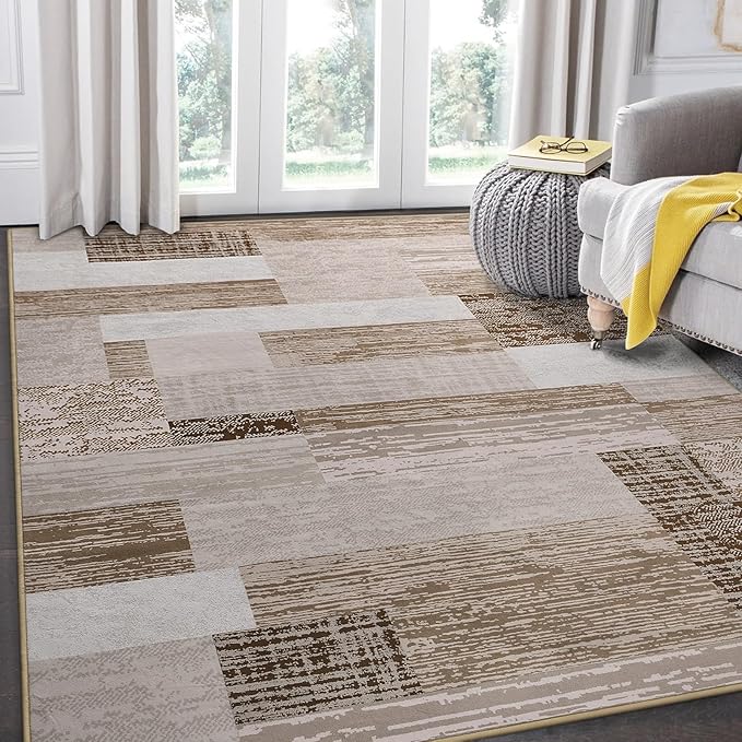 FlyDOIT Modern Geometric Patchwork Area Rug, 9x12 Beige Large Rugs for Living Room, Rockwood Collection Indoor Rugs for Bedroom, Throw Carpet Floor Decor for Entryway Dining Room Office Nursery