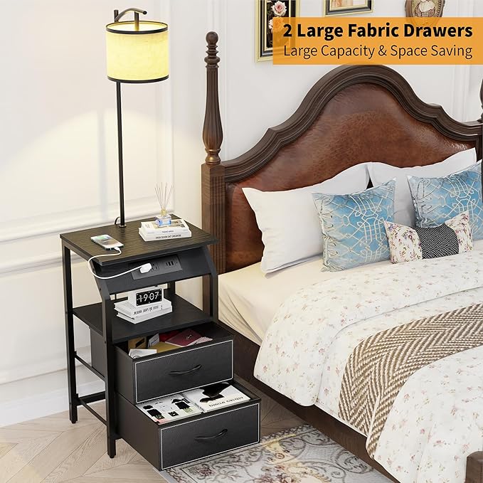 End Table with Floor Lamp, Nightstand with Charging Station, Floor Lamp Table with 3-Color Temperature Bulb, Bedside Table Night Stand with 2 Drawers for Bedroom, Living Room, Black
