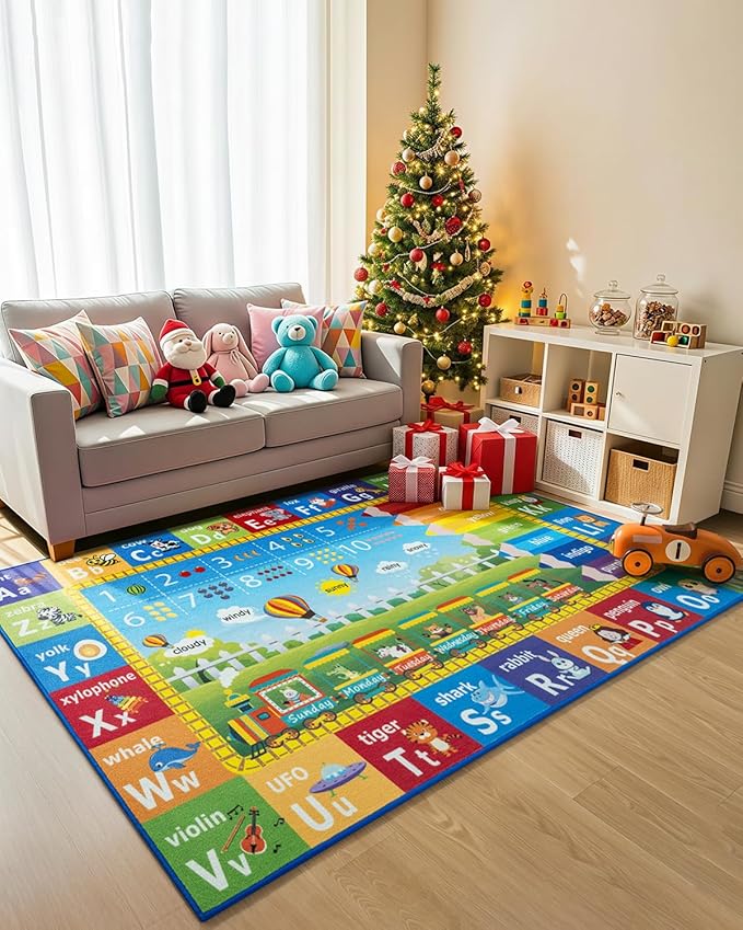 Unirea 4x6 Kids Rug for Playroom Bedroom Living Room, Washable Educational Play Mat with ABC Alphabet, Numbers, Animals for Classroom, Nursery, Colorful Learning Carpet for Toddlers, Rainbow