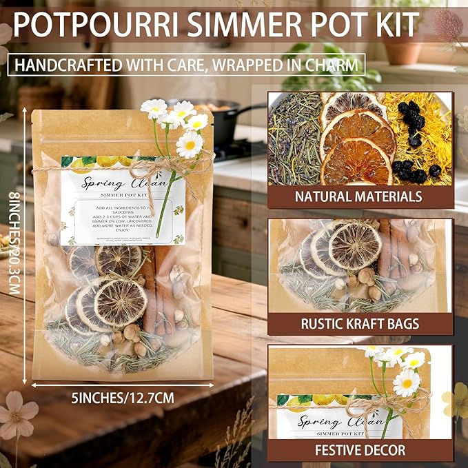 4 Set Spring Clean Potpourri Bags Stovetop Simmering Mix Potpourri Instruction and Sticker Floral Fruity Cinnamon Natural Air Freshener Sachet for Party Craft DIY Gift Housewarming Hostess