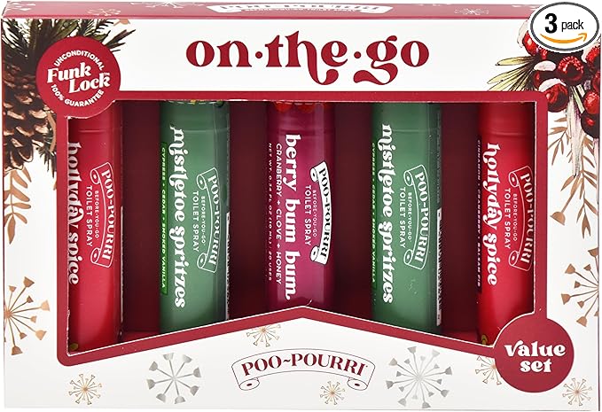 Poo-Pourri Before-You-Go Toilet Spray, Travel Size 10 mL Bottles Hollyday Spice (2), Mistletoe Spritzes (2), Berry Bum Bum - 5 Pack