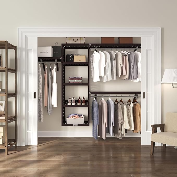 John Louis Home Solid Wood Walk-In Closet Organizer - 100% Real Wood Cut-to-Fit System with Adjustable Shelves, Metal Garment Bars & Ventilated Design for Custom Storage (Espresso)