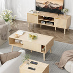 Coffee Table with Storage, Boho Dining Table with Sliding Fluted Door and Solid Wood Legs, Small Coffee Tables for Living Room, Oak