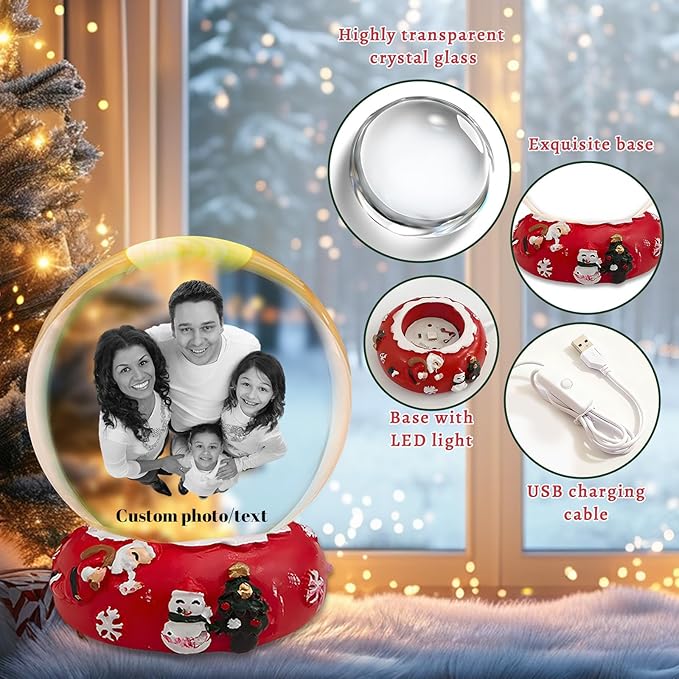 Custom Crystal Ball with Light Customized Photo Snow Globe with Engraving Text Baby' s First Christmas Personalized Christmas Ornaments Gifts for Family Couples Friends
